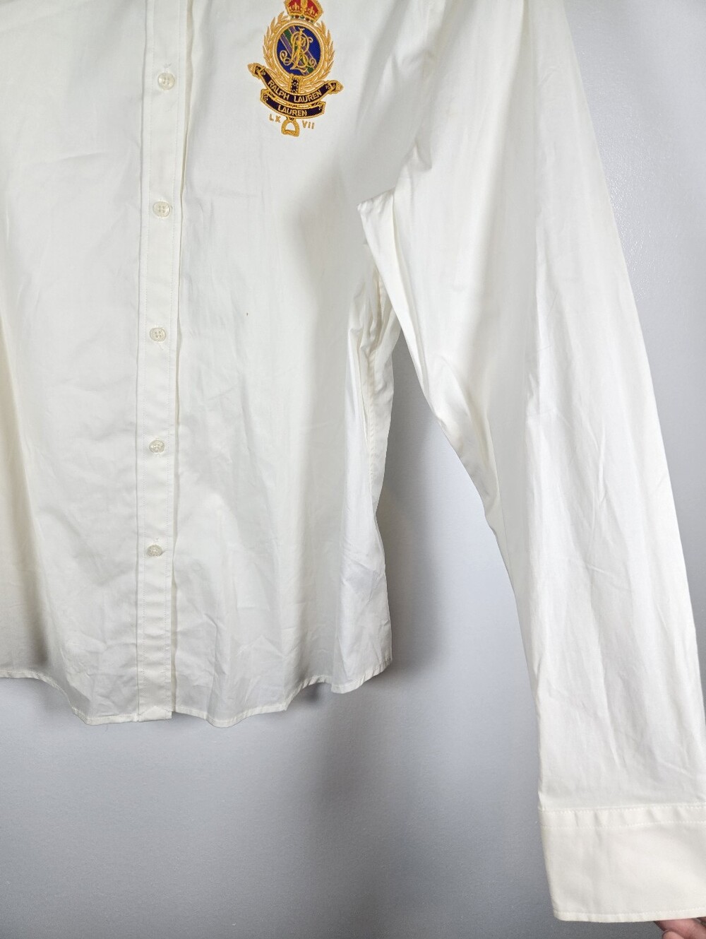 NEW Lauren Ralph Lauren Embroidered Crest Ivory Long Sleeve Button Down Top XL - Picture 10 of 16